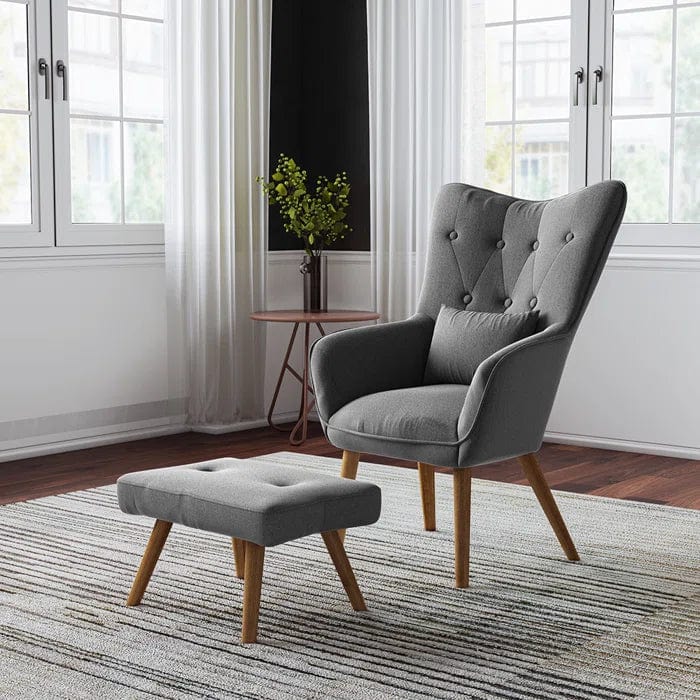 Georgia  Wide Tufted Linen Wingback Chair and Ottoman