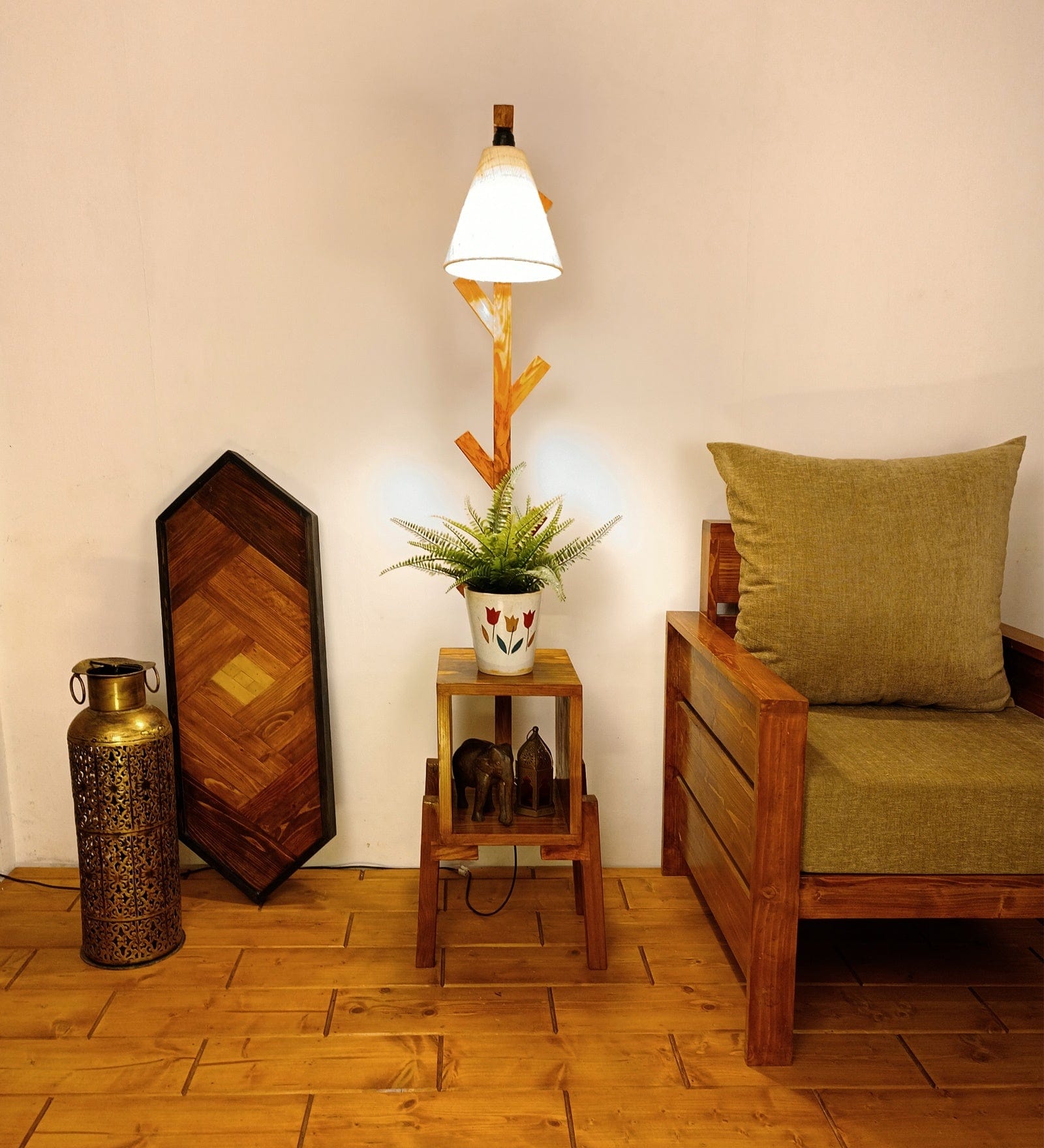 Gerard Wooden Floor Lamp with Brown Base and Jute Fabric Lampshade (BULB NOT INCLUDED)