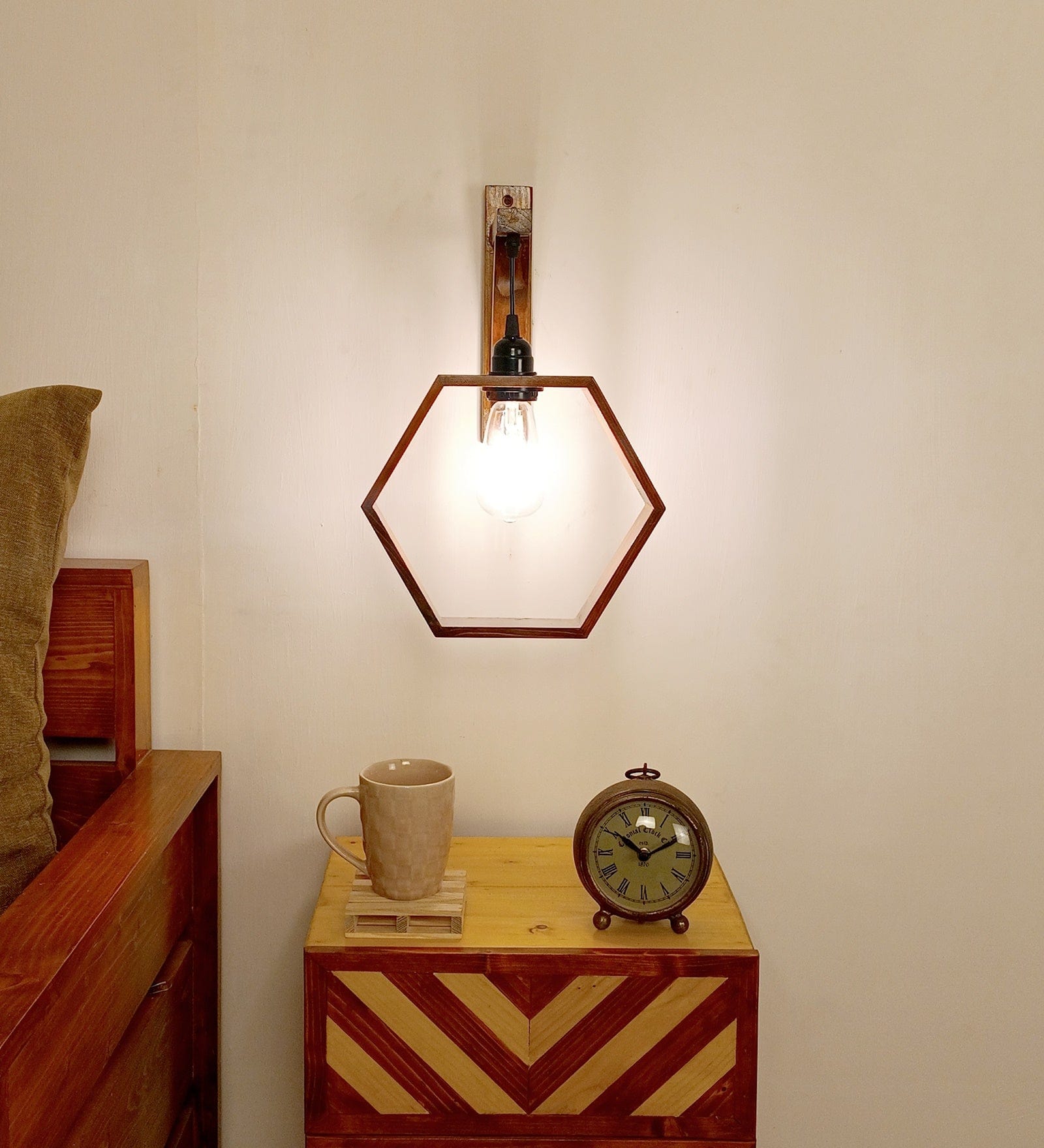 Hex L Brown Wooden Wall Light (BULB NOT INCLUDED)