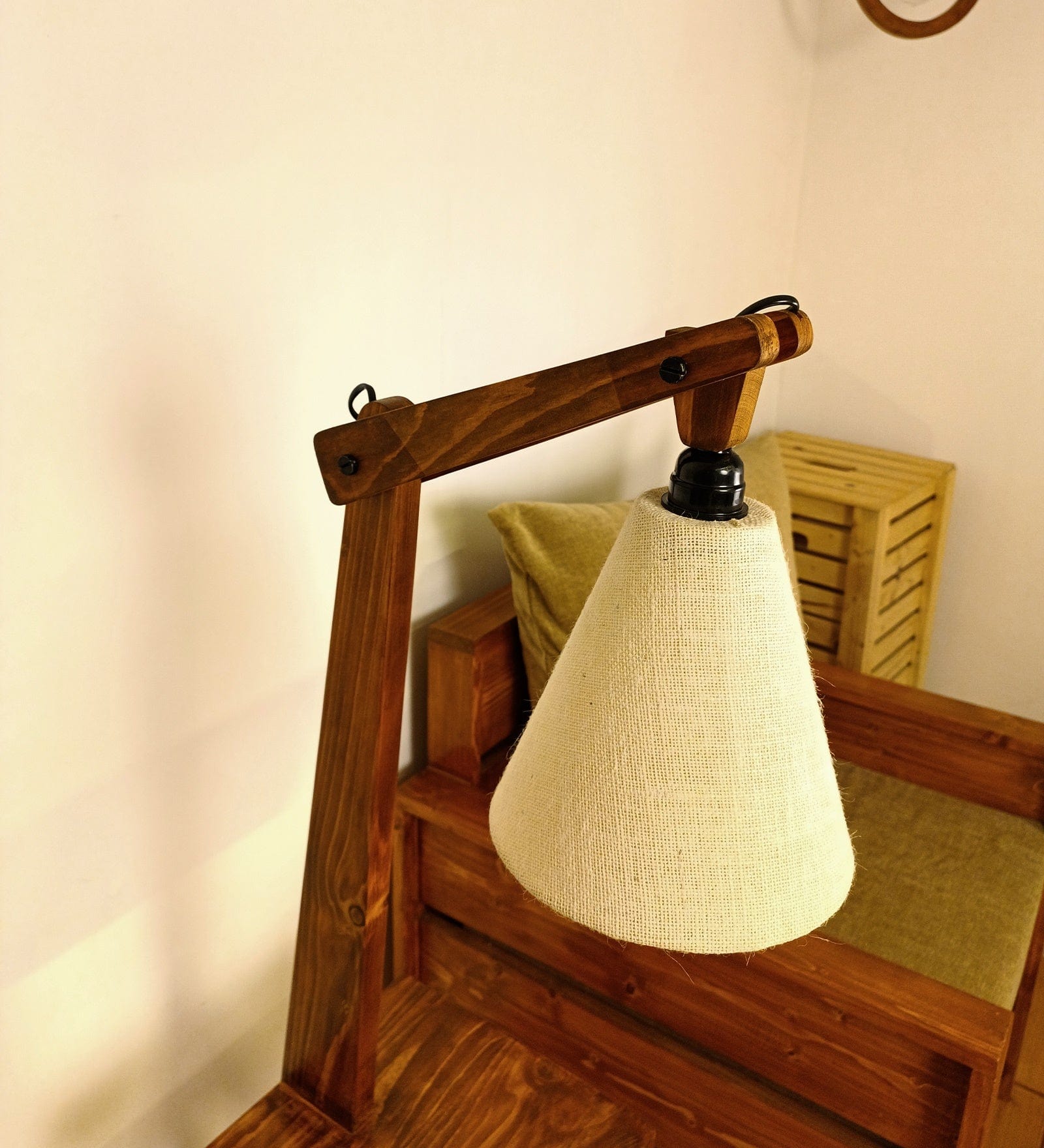 Hubert Wooden Floor Lamp with Brown Base and Jute Fabric Lampshade (BULB NOT INCLUDED)