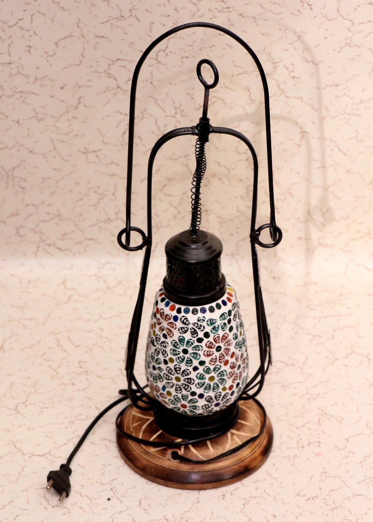 WOODEN & IRON BEAUTIFUL HAND CARVED MULTI COLOURED DOTTED FLOWER ELECTRIC CHIMNEY LANTERN