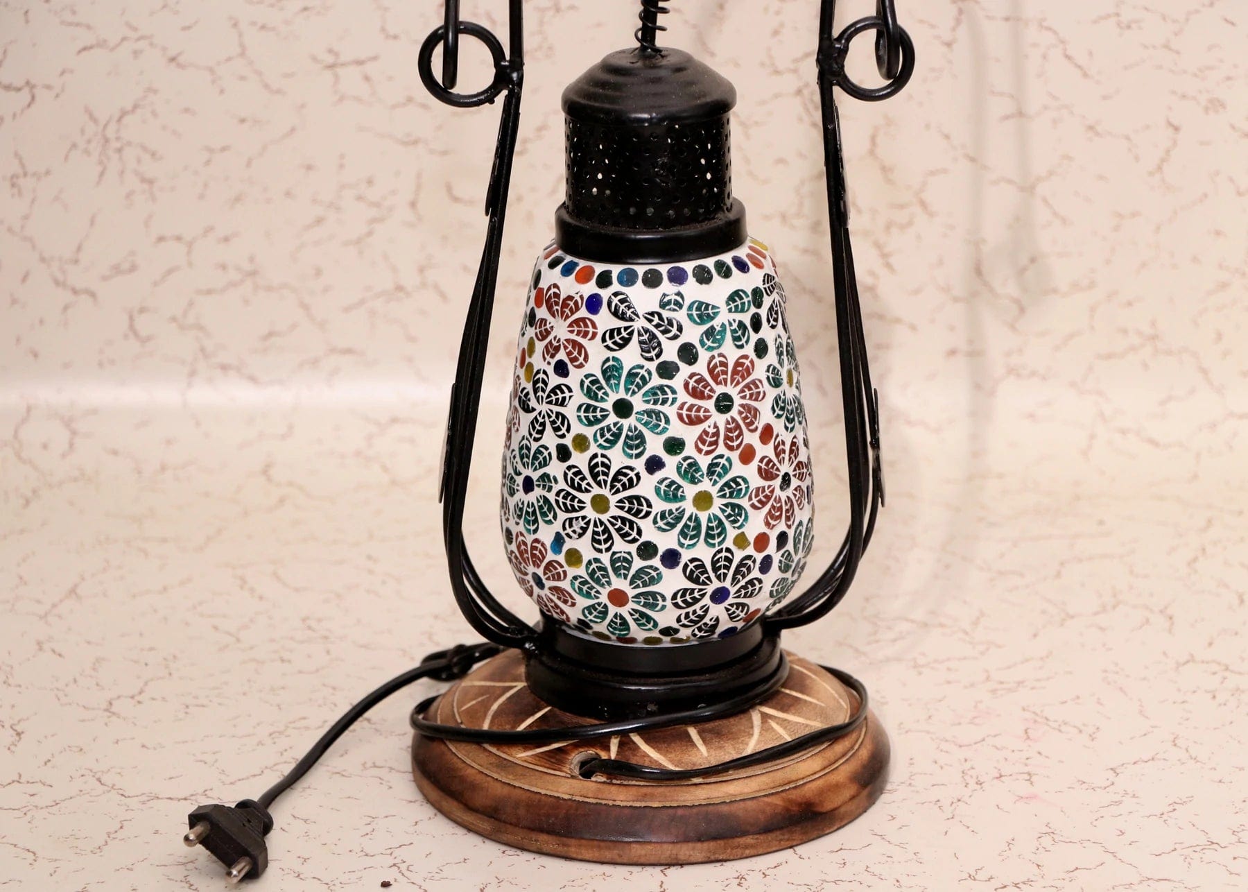 WOODEN & IRON BEAUTIFUL HAND CARVED MULTI COLOURED DOTTED FLOWER ELECTRIC CHIMNEY LANTERN