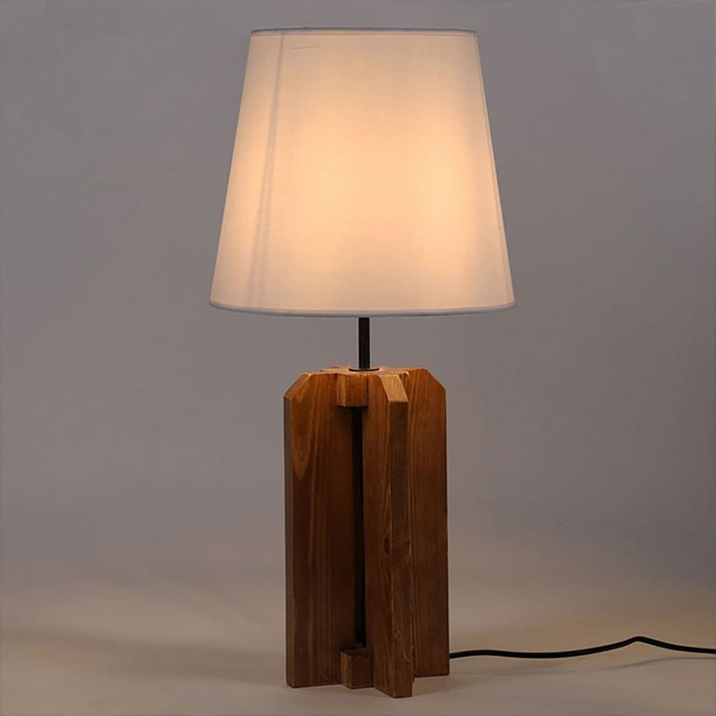 Stella Brown Wooden Table Lamp with White Fabric Lampshade (BULB NOT INCLUDED)