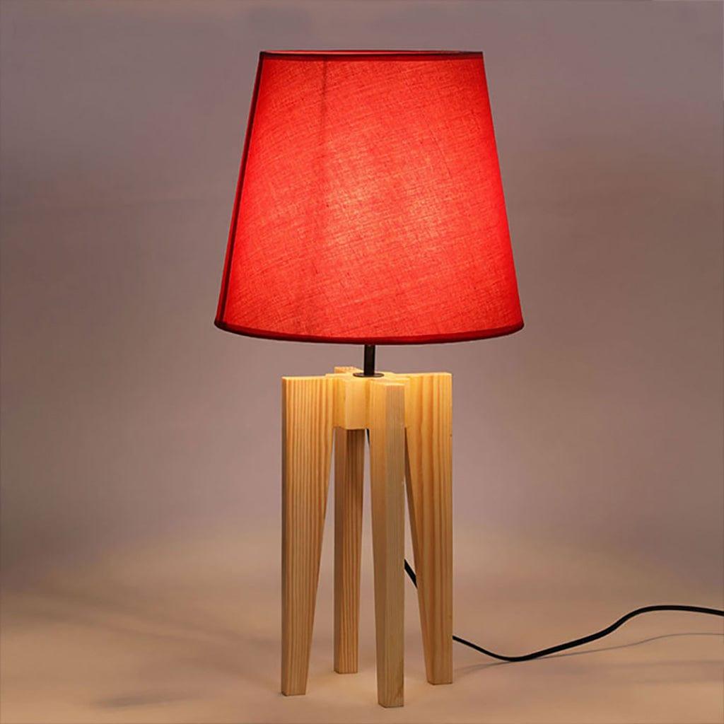 Stella Beige Wooden Table Lamp with Red Printed Fabric Lampshade - Ouch Cart 