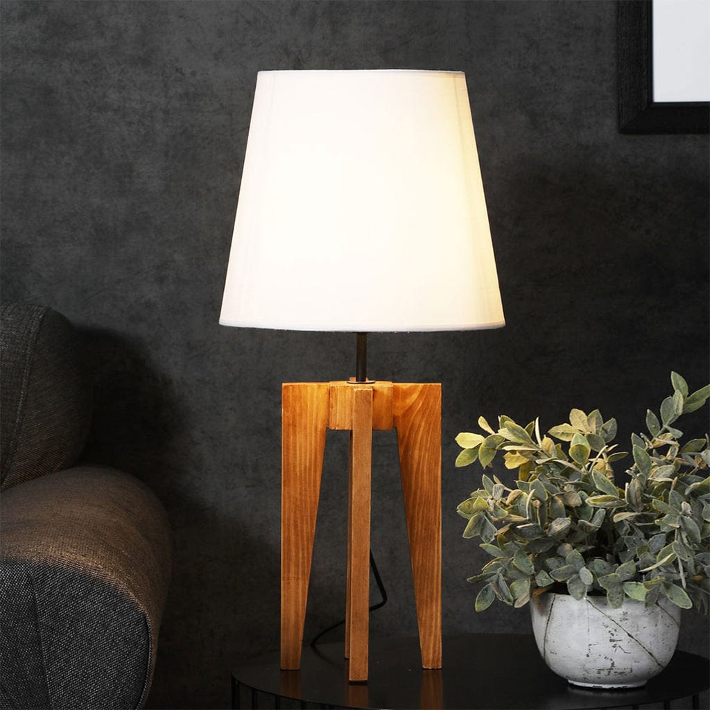 Jet Brown Wooden Table Lamp with White Fabric Lampshade | bedside table lamps online india | bedside lamps online | table lamp online india | buy table lamp online india | premium table lamps | buy table lamps online