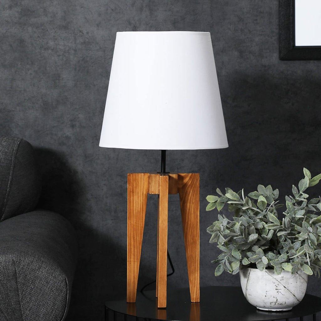 Jet Brown Wooden Table Lamp with White Fabric Lampshade (BULB NOT INCLUDED)