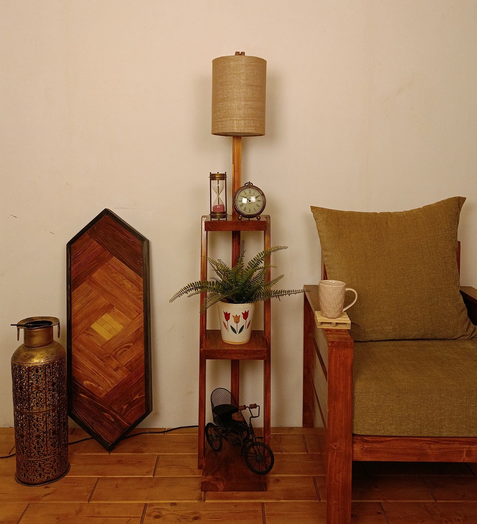 Julia Wooden Floor Lamp with Brown Base and Jute Fabric Lampshade (BULB NOT INCLUDED)