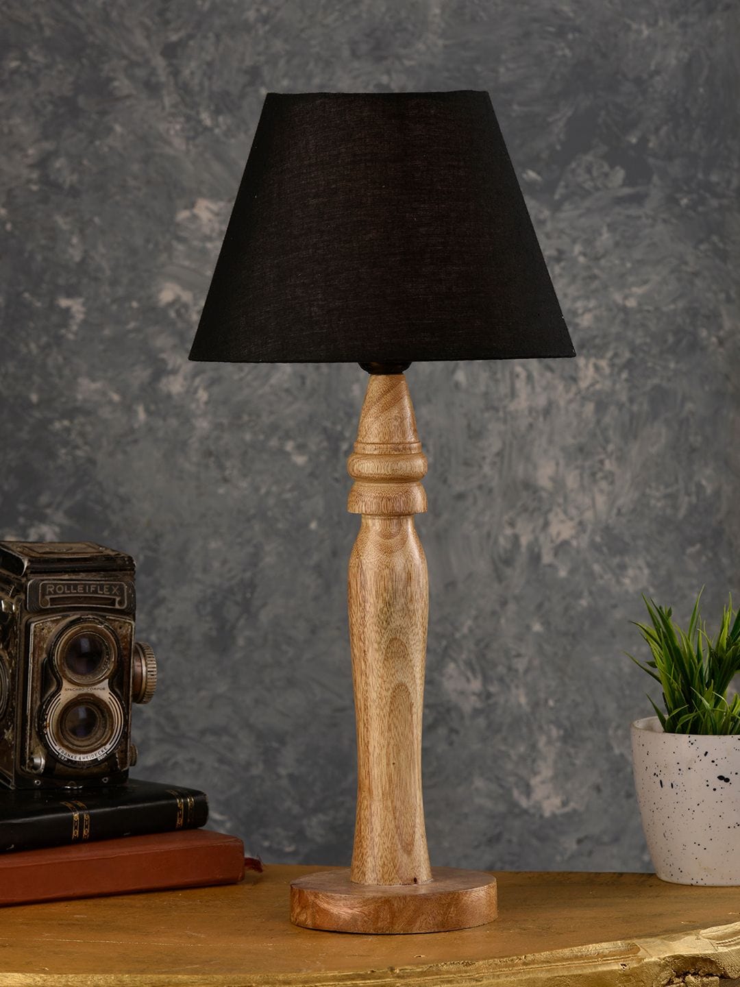Round Brown Lamp with Taper Black Cotton Shade