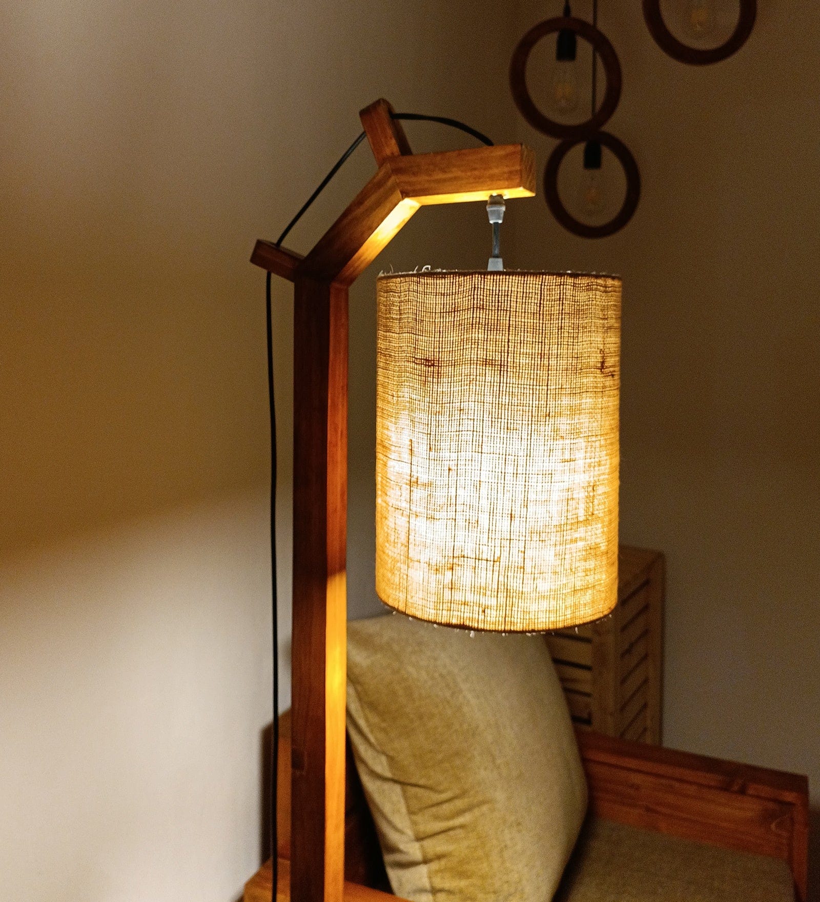 Leo Wooden Floor Lamp with Brown Base and Jute Fabric Lampshade (BULB NOT INCLUDED)