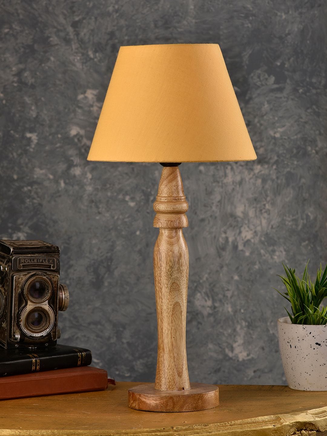 Round Brown Lamp with Taper Yellow Cotton Shade