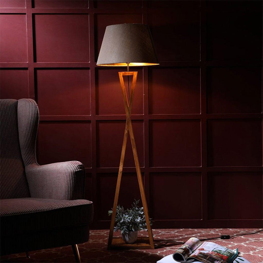 Monica Wooden Floor Lamp with Premium Brwon Fabric Lampshade - Ouch Cart 