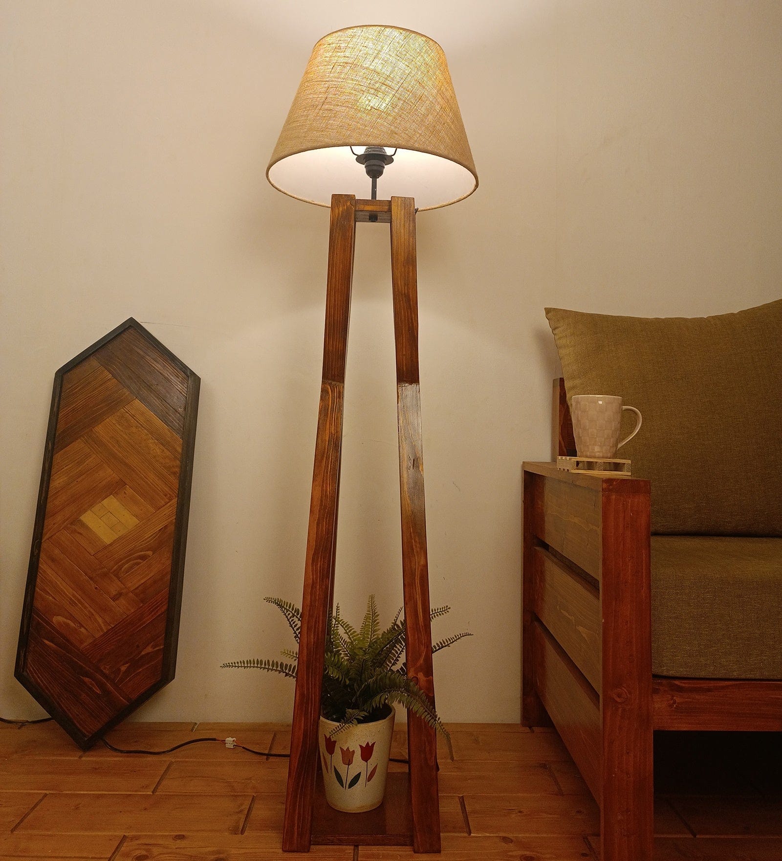 Monica Wooden Floor Lamp with Premium Beige Fabric Lampshade (BULB NOT INCLUDED)