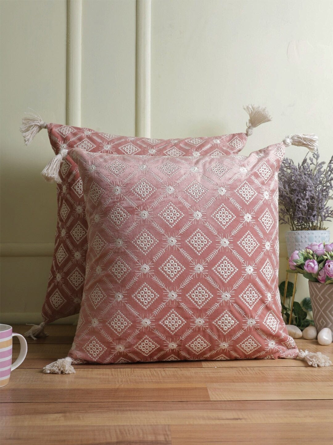 Pink & Off White Set of 2 Embroidered Velvet Square Cushion Covers (18x18 Inch)