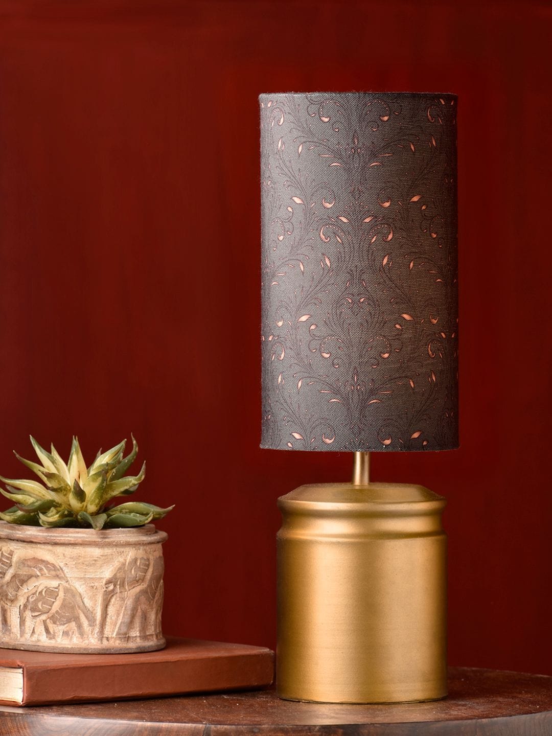 Metal Golden Table Lamp with Dark Forest Shade