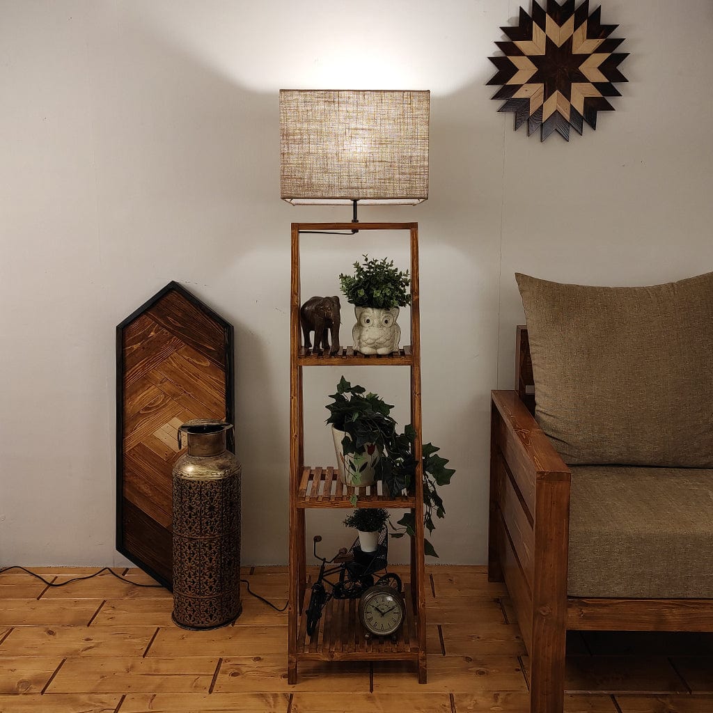 Raphael Wooden Floor Lamp with Brown Base and Jute Fabric Lampshade (BULB NOT INCLUDED)