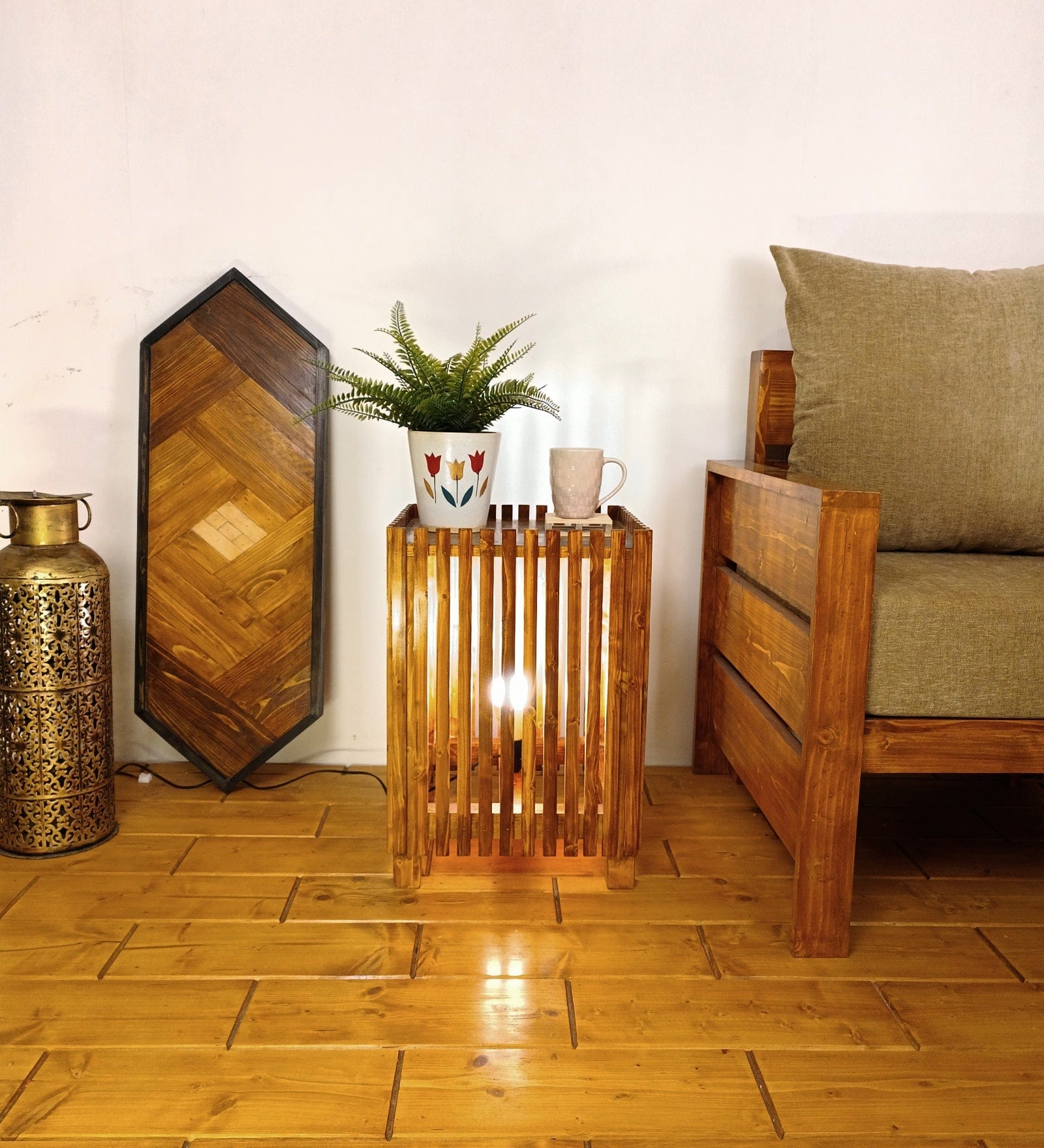 Renard Wooden Floor Lamp with Brown Base and Jute Fabric Lampshade (BULB NOT INCLUDED)
