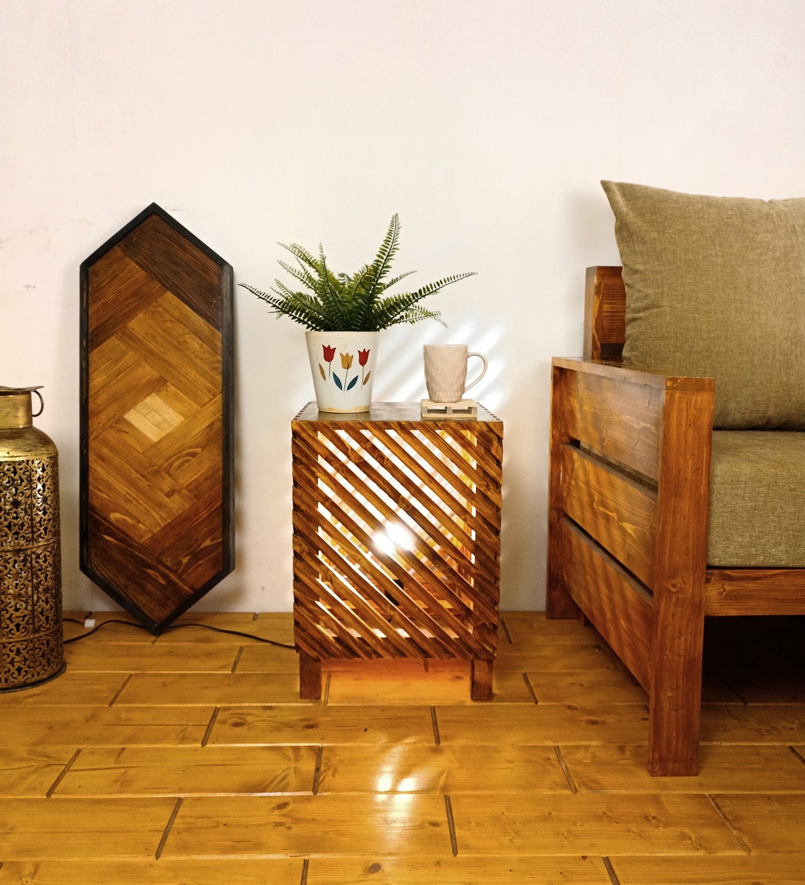 Serge Wooden Floor Lamp with Brown Base and Jute Fabric Lampshade (BULB NOT INCLUDED)