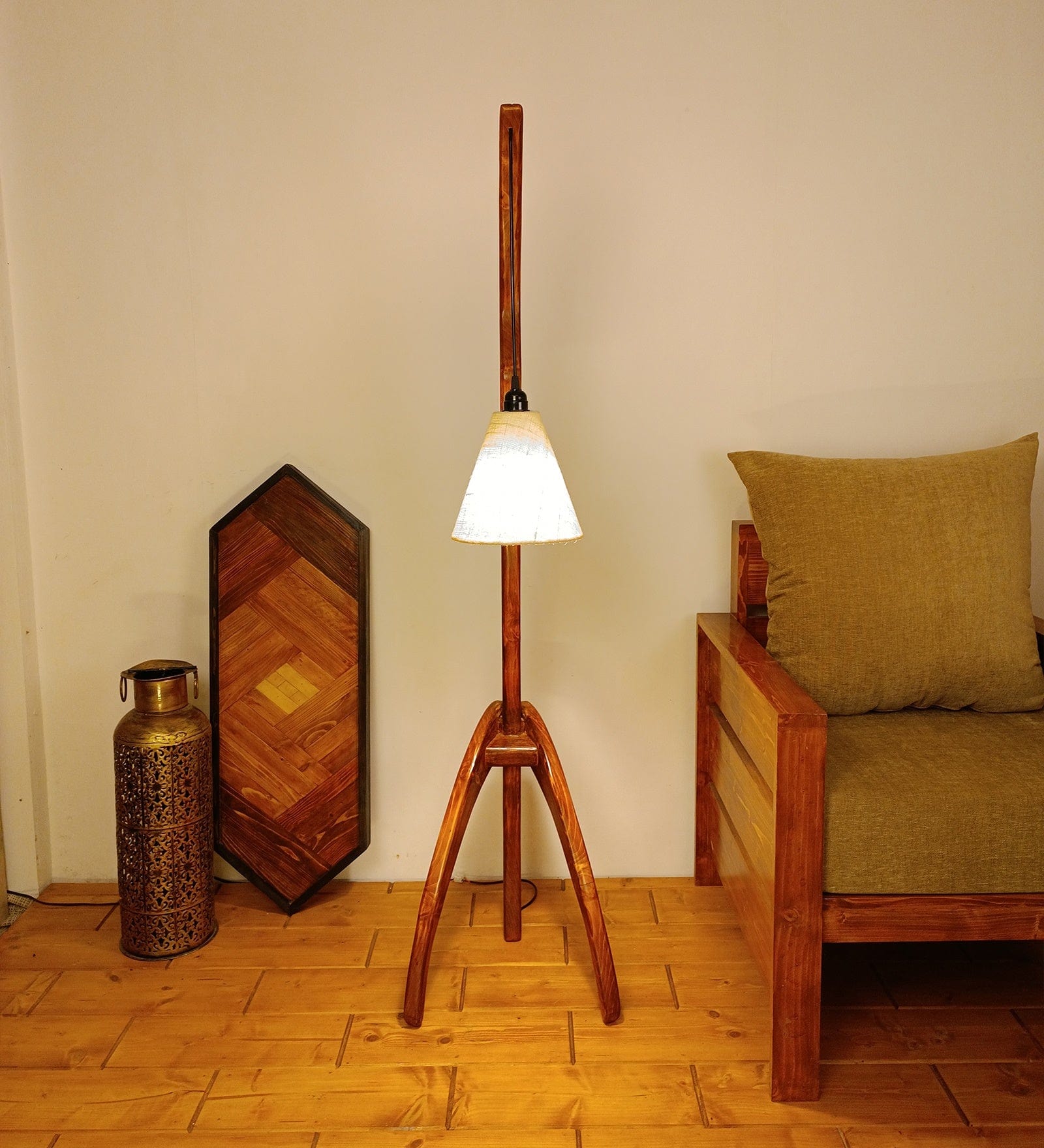 Species Wooden Floor Lamp with Brown Base and Jute Fabric Lampshade (BULB NOT INCLUDED)