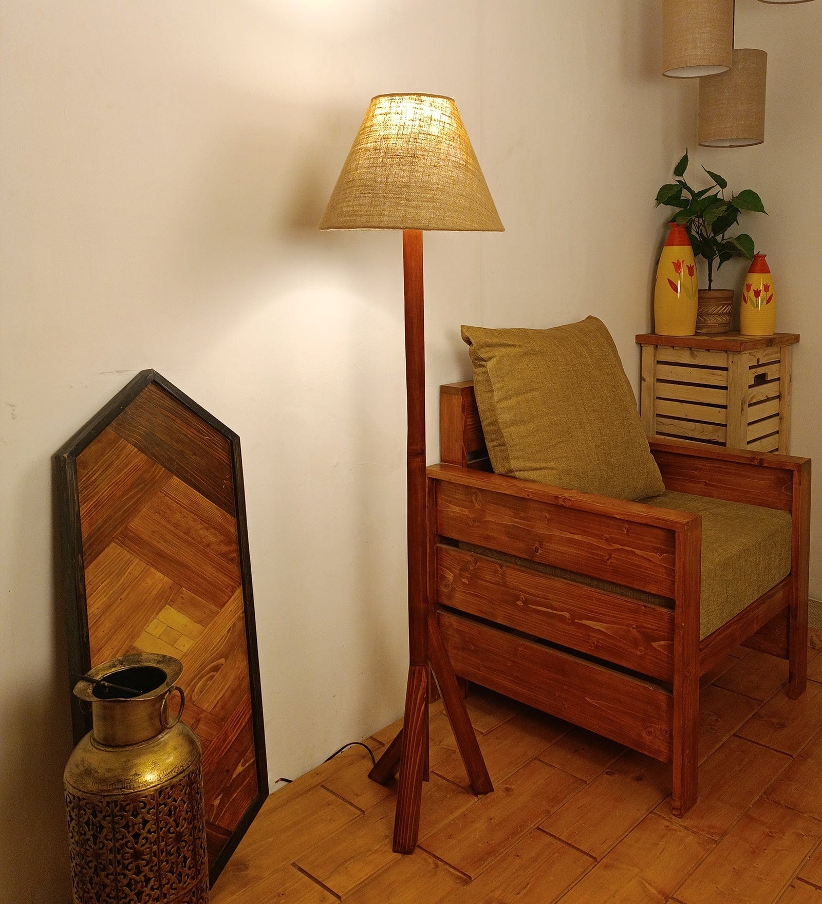 Trinca Wooden Floor Lamp with Brown Base and Jute Fabric Lampshade (BULB NOT INCLUDED)
