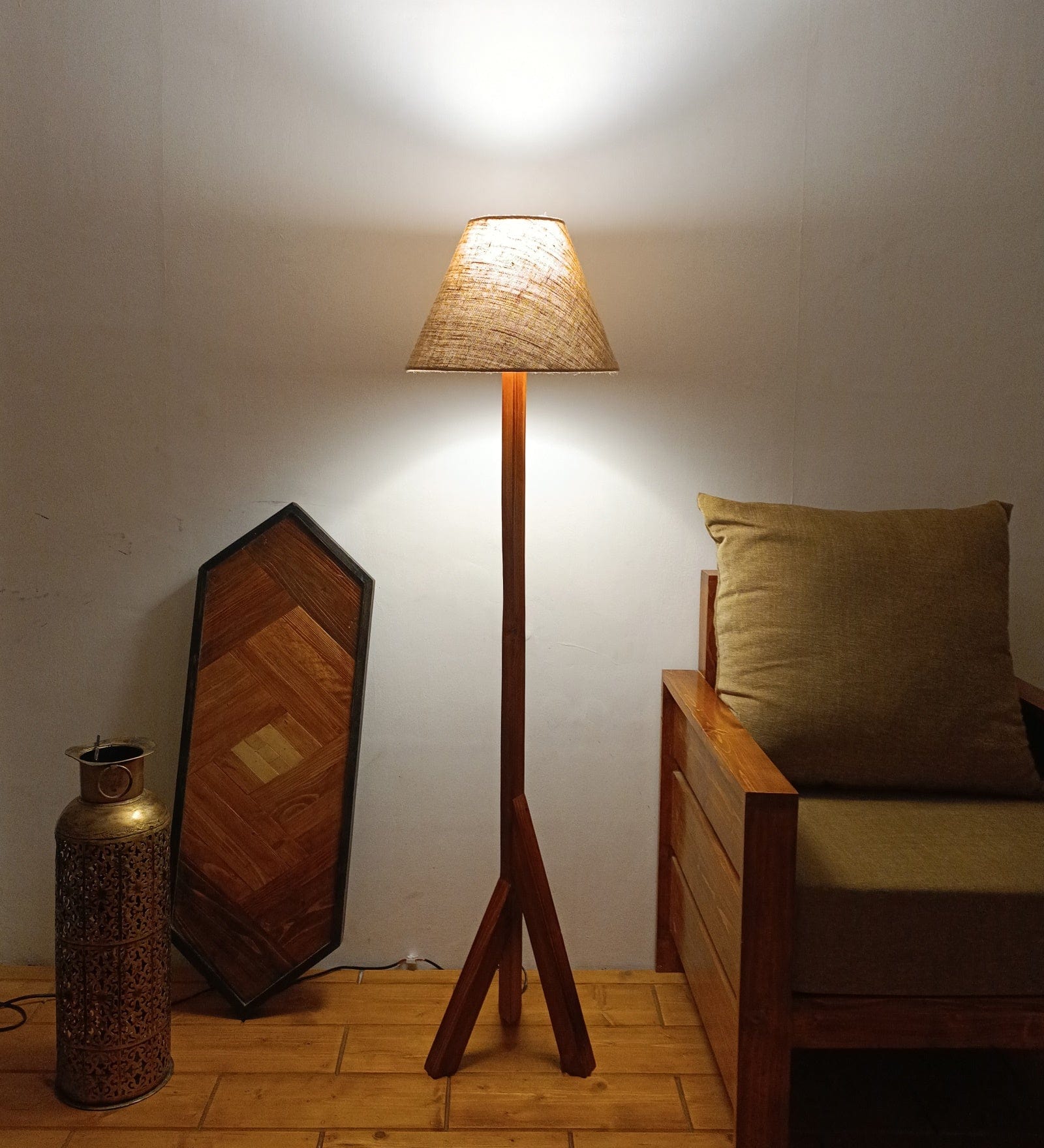 Trinca Wooden Floor Lamp with Brown Base and Jute Fabric Lampshade (BULB NOT INCLUDED)