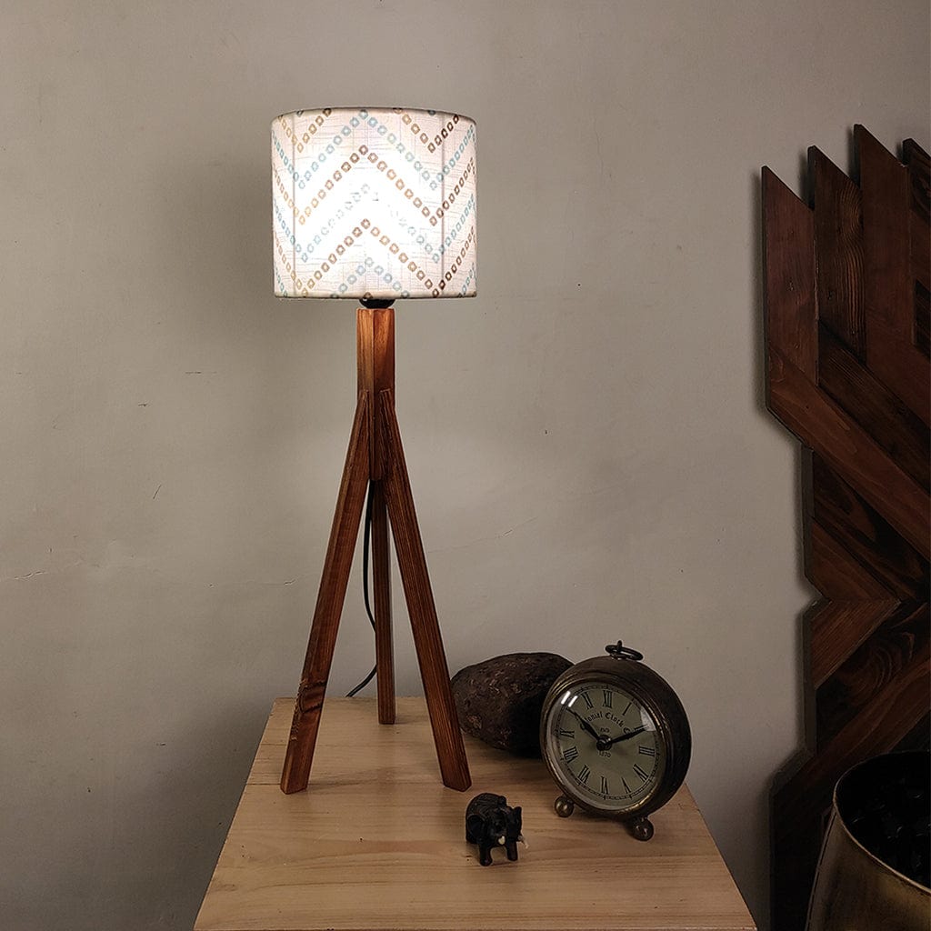 Triune Brown Wooden Table Lamp with White Printed Lampshade (BULB NOT INCLUDED)