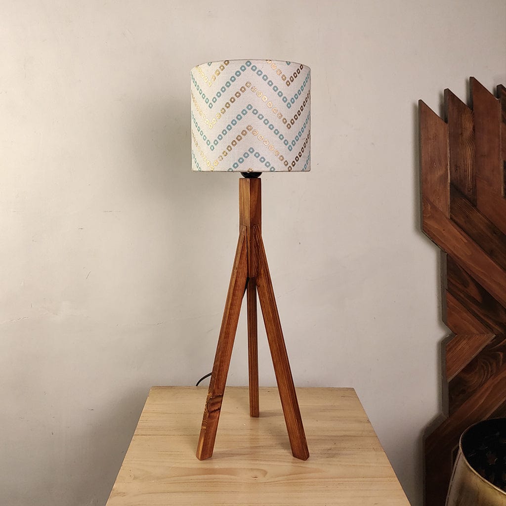 Triune Brown Wooden Table Lamp with White Printed Lampshade (BULB NOT INCLUDED)