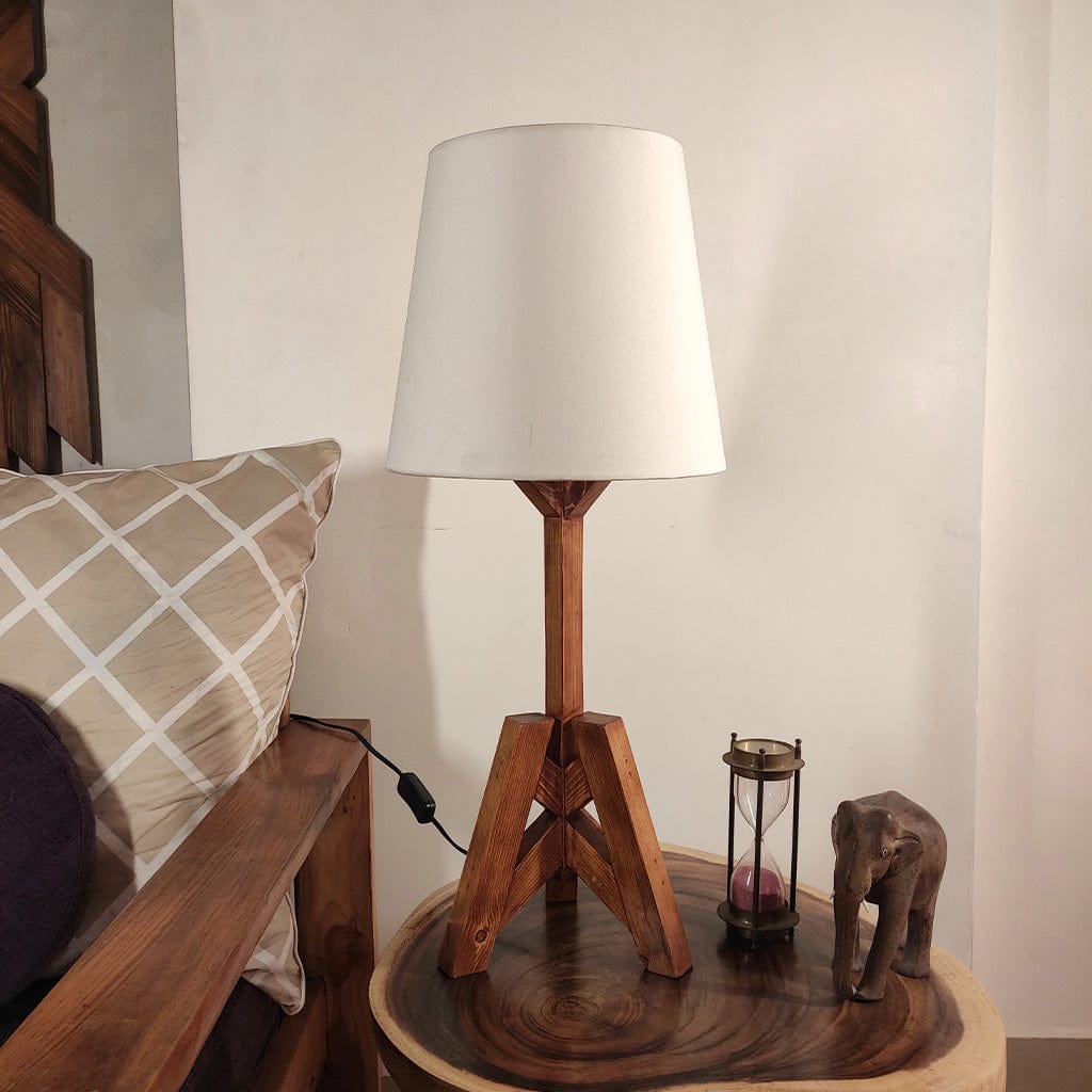 Troika Wooden Table Lamp with Brown Base and Premium White Fabric Lampshade (BULB NOT INCLUDED)