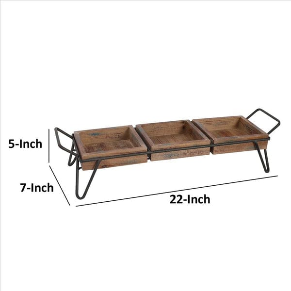Decorative Serving Tray With 3 Segregated Cubbies And Metal Base, Brown
