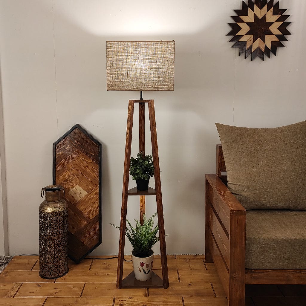 Vantage Wooden Floor Lamp with Brown Base and Jute Fabric Lampshade (BULB NOT INCLUDED)
