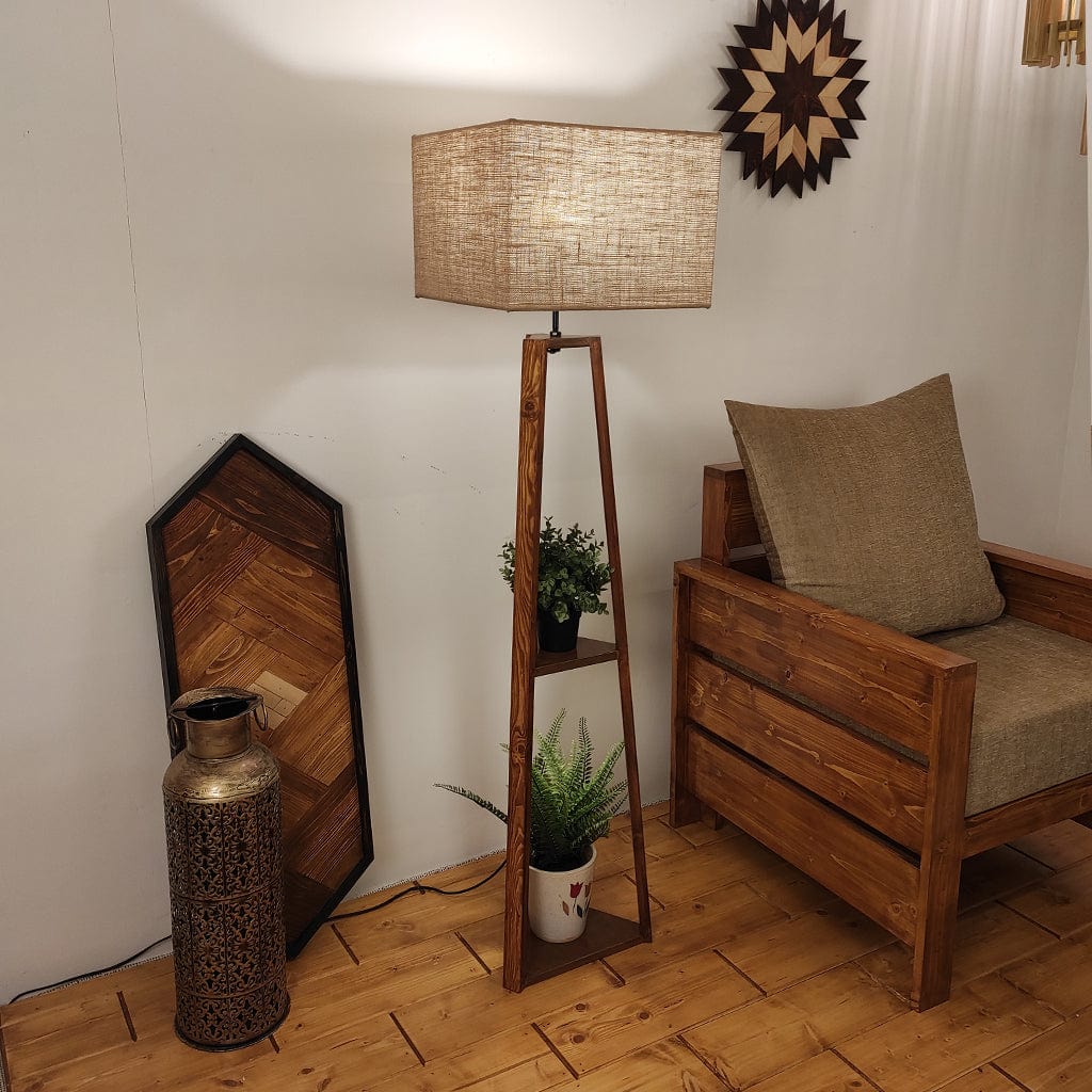 Vantage Wooden Floor Lamp with Brown Base and Jute Fabric Lampshade (BULB NOT INCLUDED)