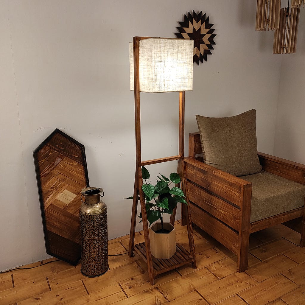 Victoria Wooden Floor Lamp with Brown Base and Jute Fabric Lampshade (BULB NOT INCLUDED)