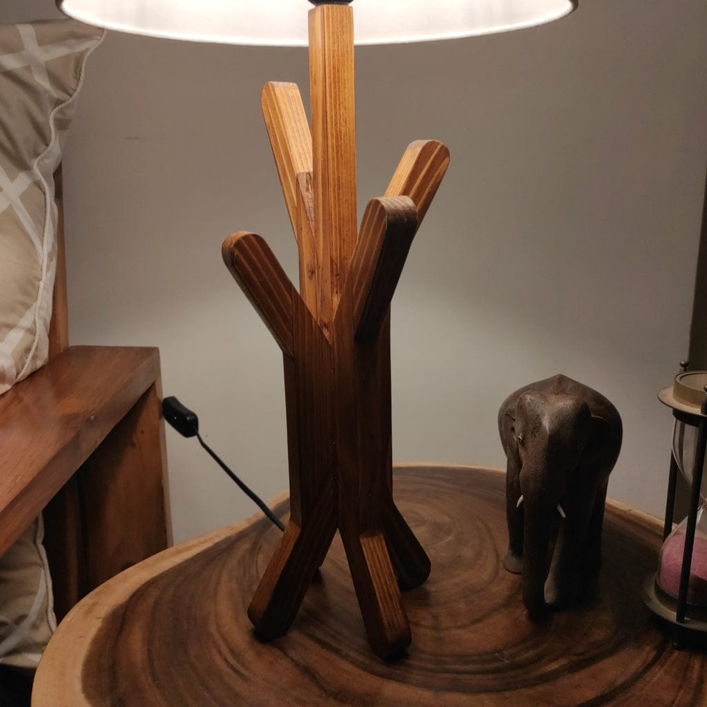 Vrikshya Wooden Table Lamp with Brown Base and Premium White Fabric Lampshade (BULB NOT INCLUDED)