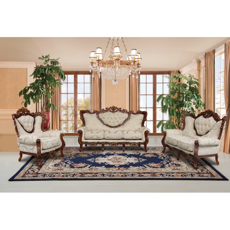 Waleska 3 Piece Gold And White Embossed Fabric Standard Living Room Set