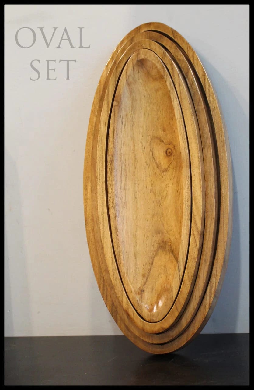 WOODEN OVAL SERVING TRAY SET OF 4 II WOODEN SERVING TRAY