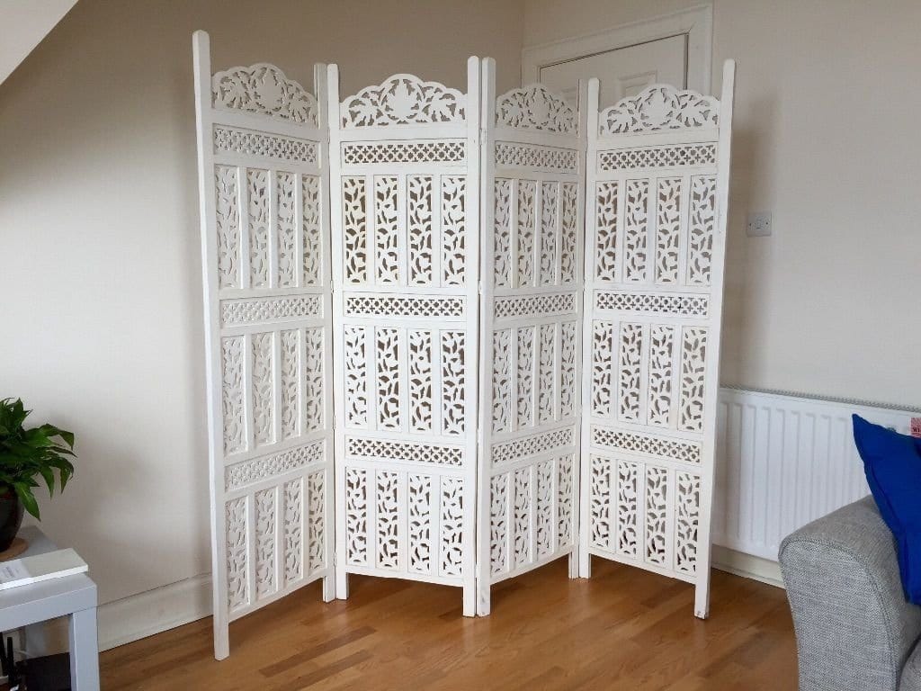 Wooden Handcrafted 4 Panel White Wooden Room Partition/Divider
