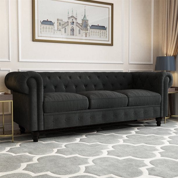 3 Seater Chesterfield Couch Furniture,Classic Velvet Upholstered Sofa with Deep Tufted Back and Scroll Arms