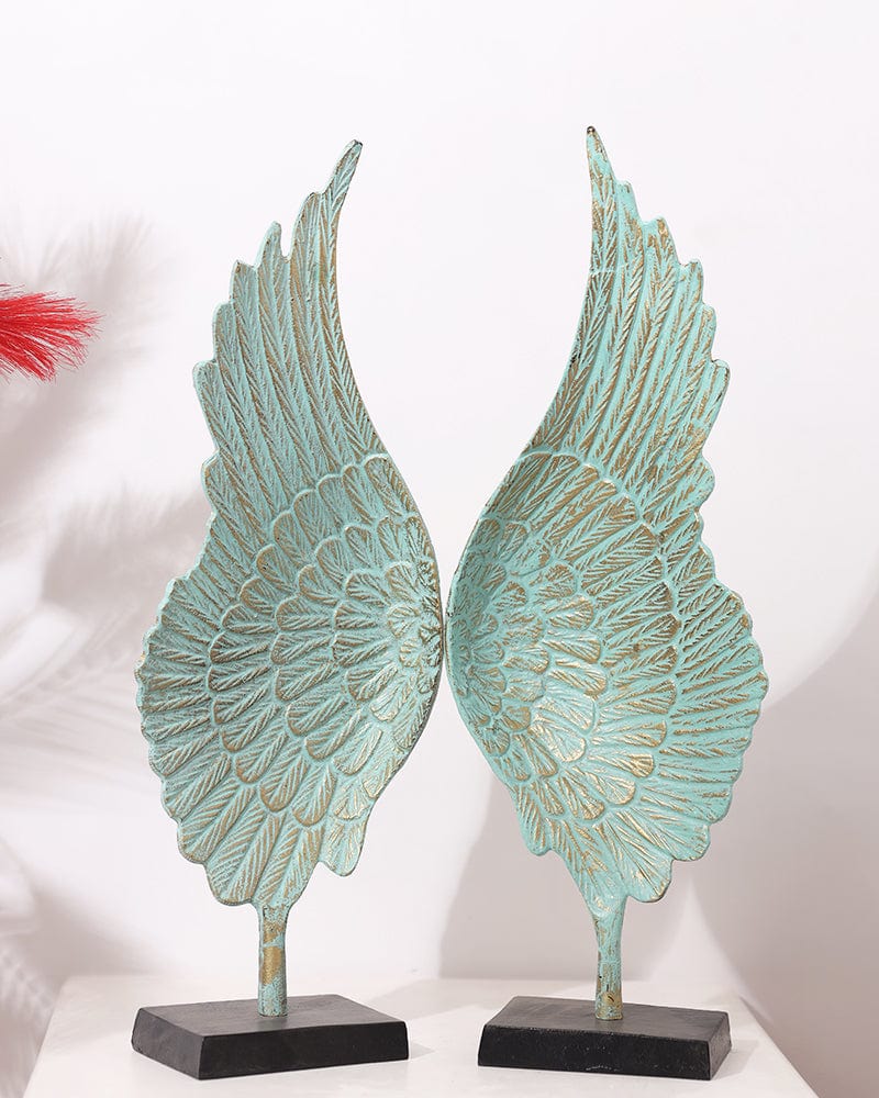 Metal Sea Green Color Angel Wings Table Top Showpiece (Pack Of 2) For Home Decoration, Living Room & Office