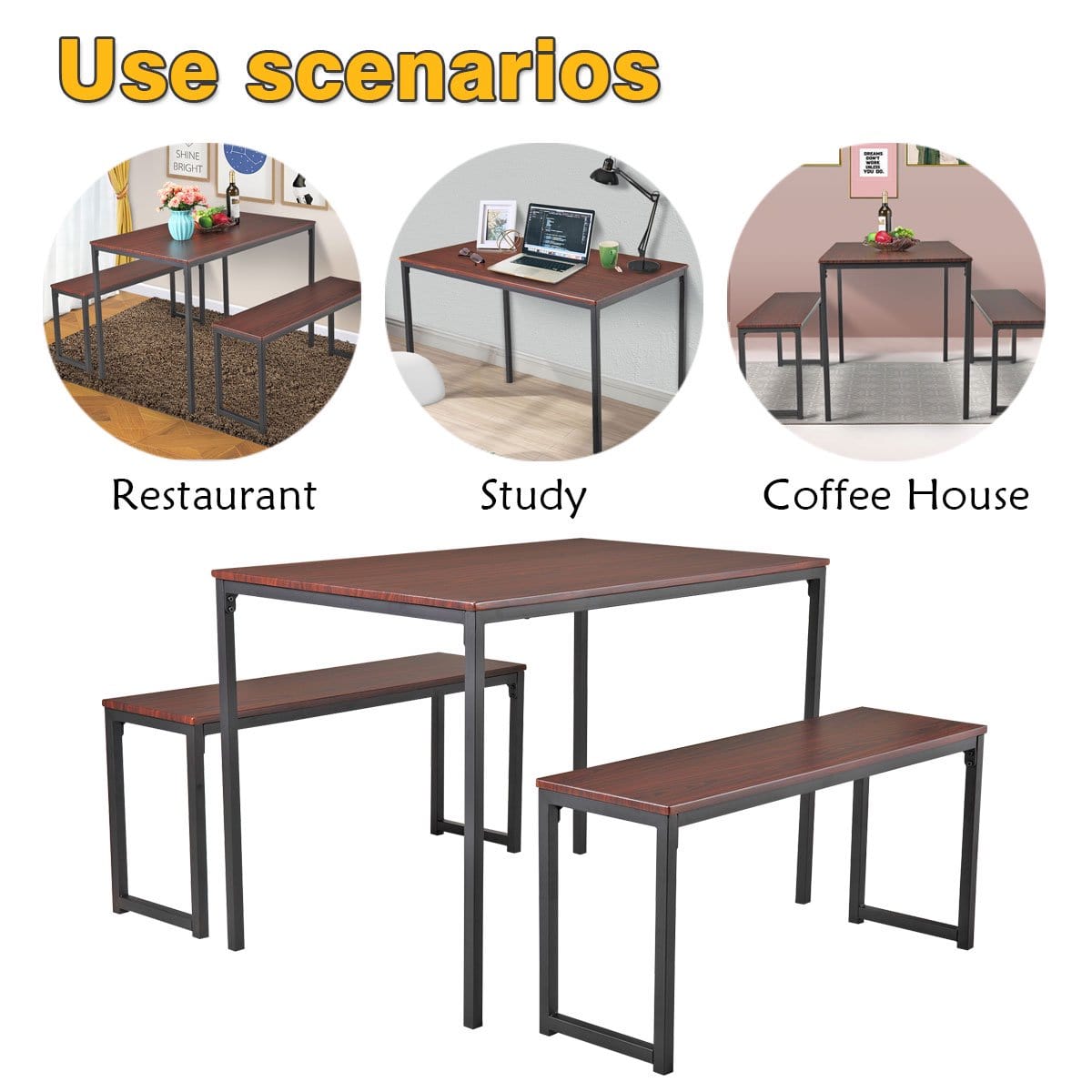 3-Piece Dining Table Set With 2 Benches Wood Table Top Dining Table with Metal Frame for Dining Room, Pub and Bistro, Brown