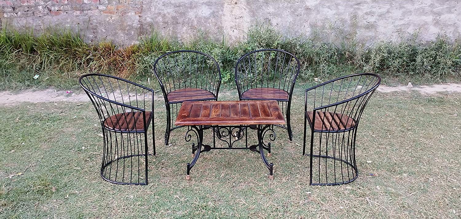 Wooden & Wrought Iron Outdoor/Indoor Set (4 Chairs + 1 Folding Table)