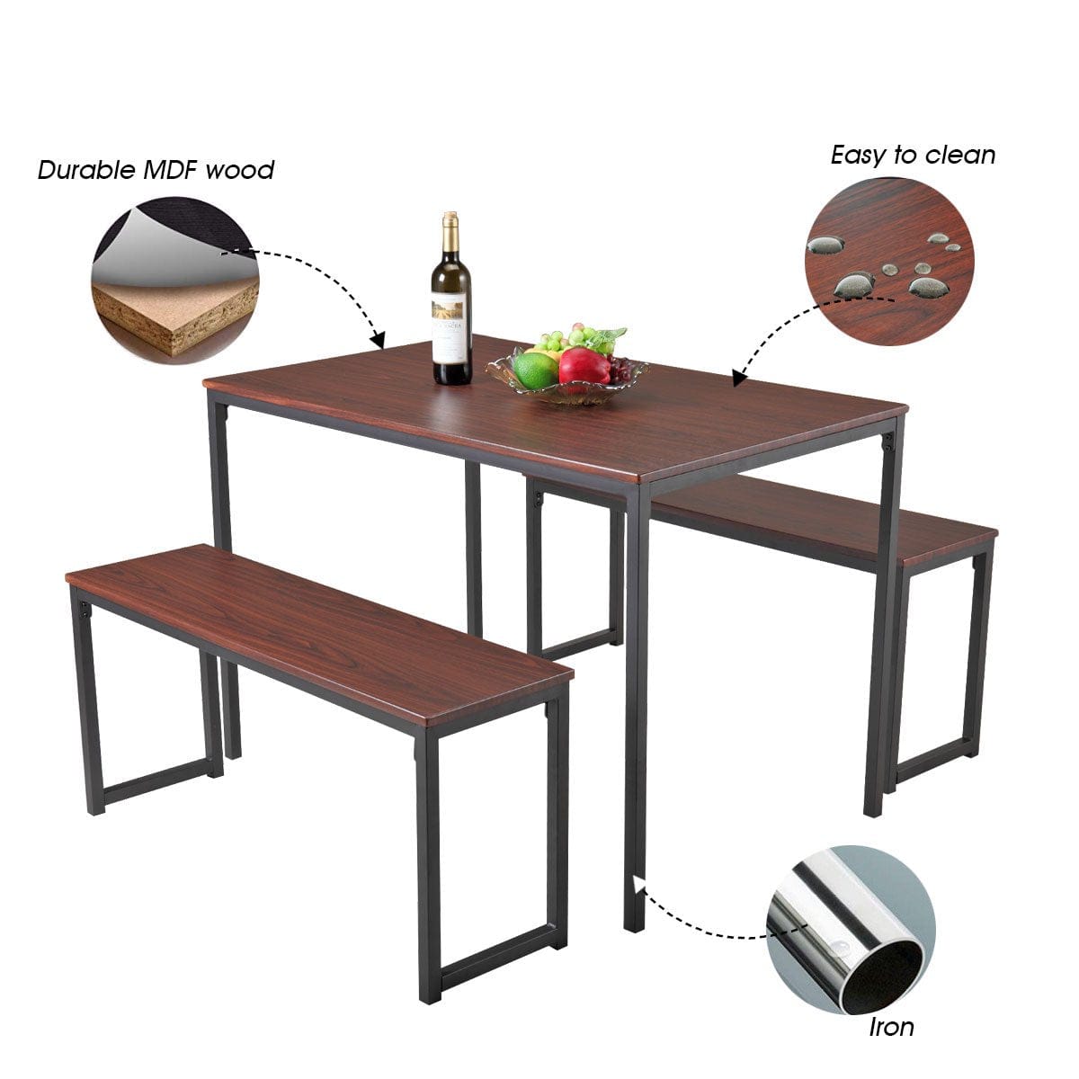 3-Piece Dining Table Set With 2 Benches Wood Table Top Dining Table with Metal Frame for Dining Room, Pub and Bistro, Brown