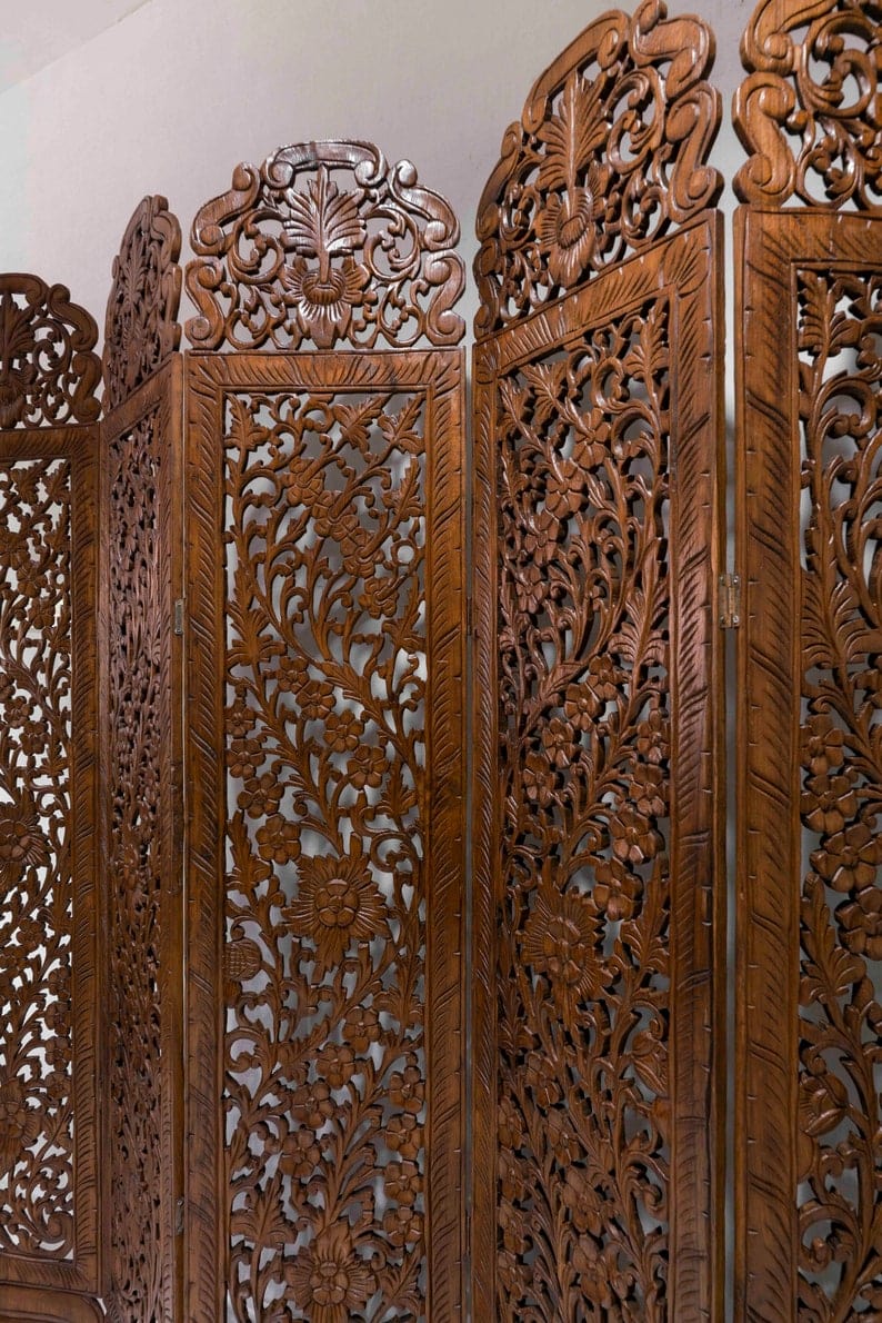Room Divider Flower Folding Screen Panels Partition Carved Teak Wood Asian Screen Large Wood Wall-Art Thai Wood Carving Wooden Boho King Headboard
