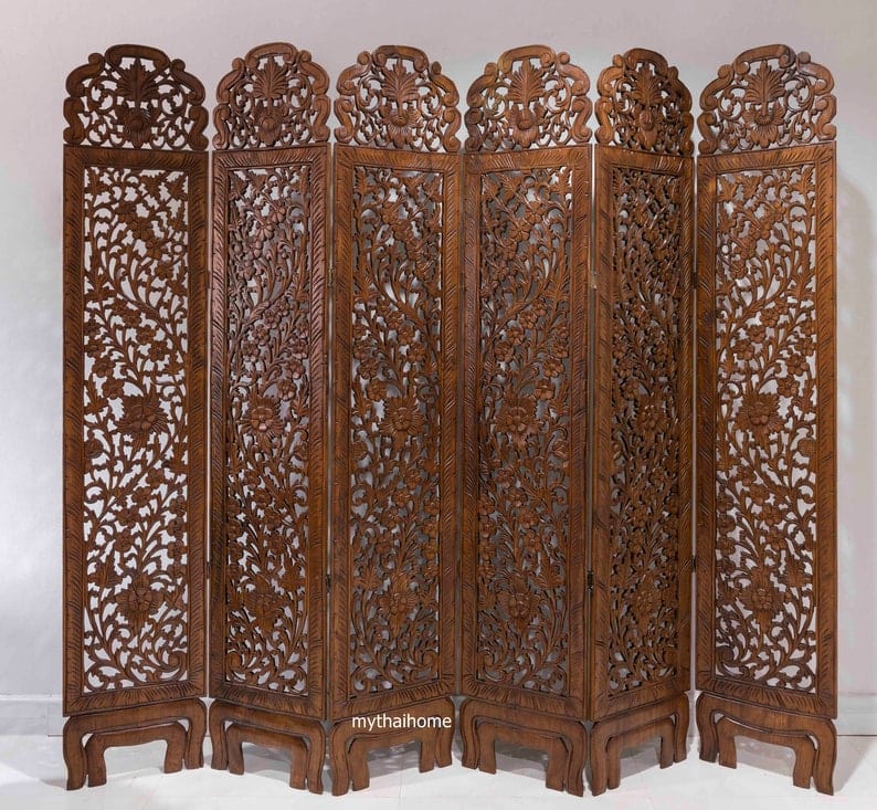 Room Divider Flower Folding Screen Panels Partition Carved Teak Wood Asian Screen Large Wood Wall-Art Thai Wood Carving Wooden Boho King Headboard