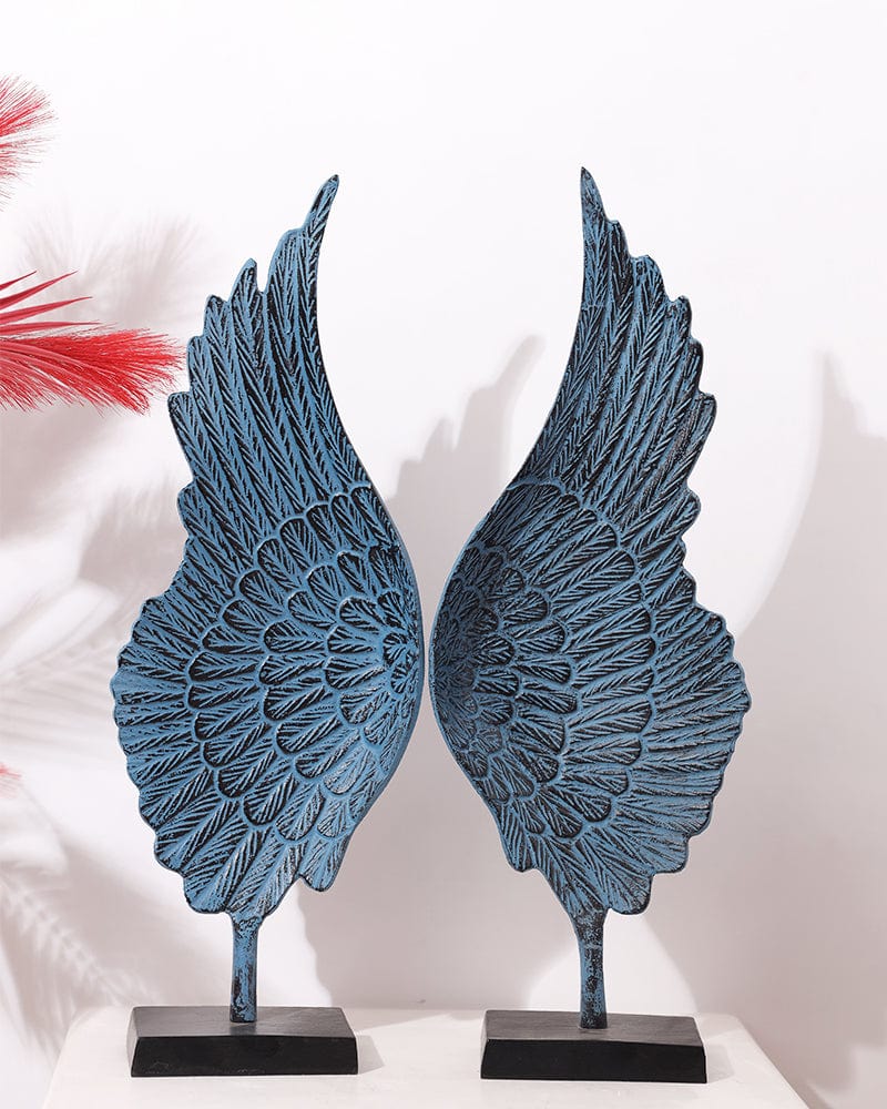 Metal Blue Color Angel Wings Table Top Showpiece (Pack Of 2) For Home Decoration, Living Room & Office