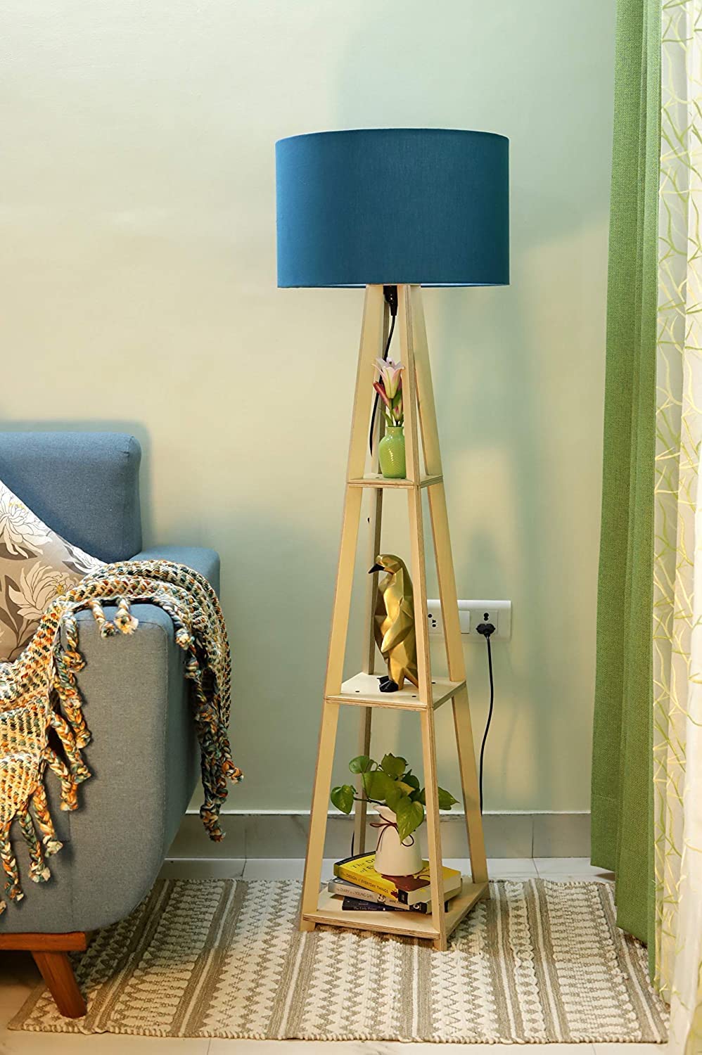 Premium Birch Plywood Floor Lamp with Shelf (Royal Blue Shade)