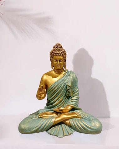 Green & Gold Polyresin Buddha Sculpture For Home Decoration